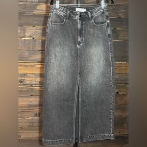 Nectar Washed Black Midi Denim Skirt with Front Slit